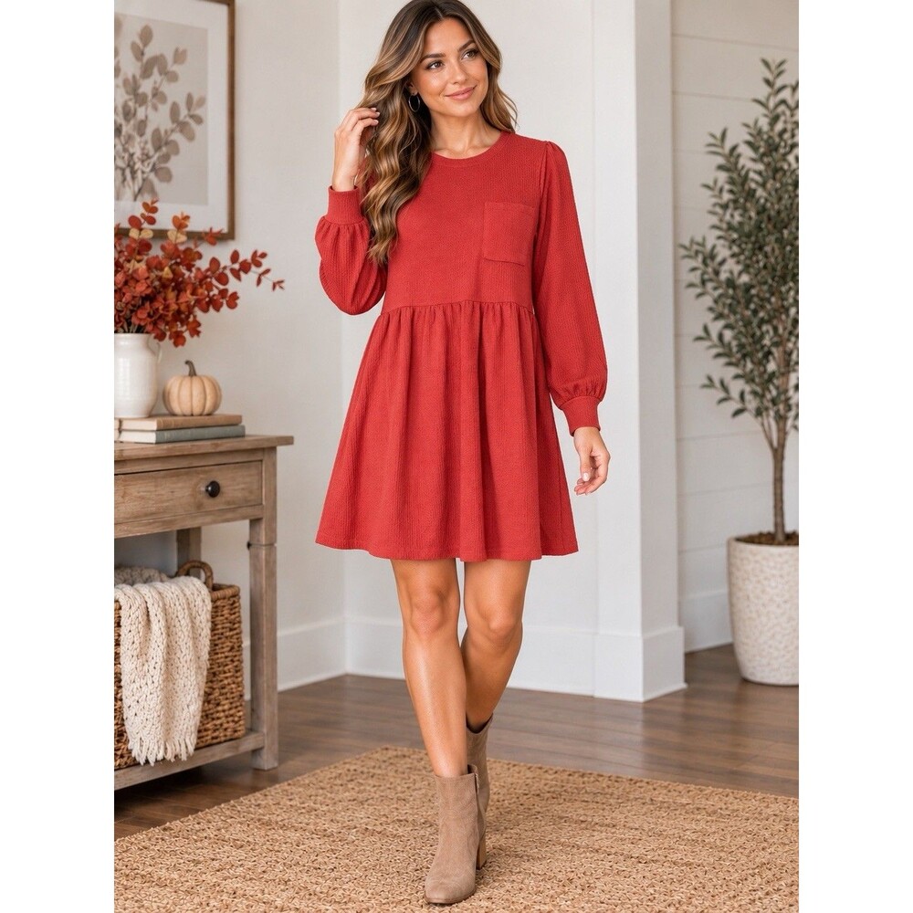 MarleyLilly Women’s Small Rust Waffle Knit Puff Sleeve Babydoll Dress Pocket